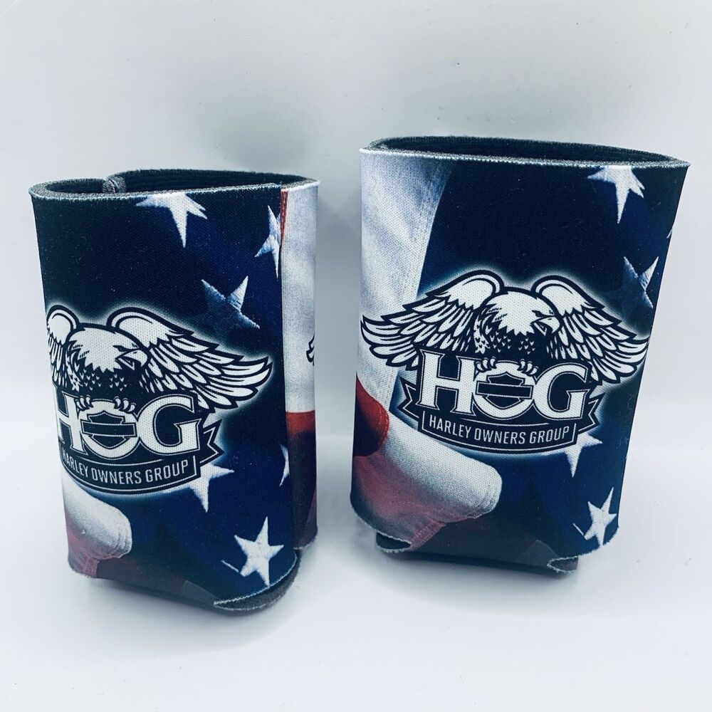 Harley owners group pair red white and blue flag Koozies